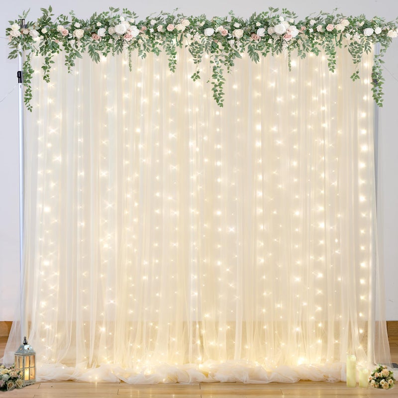 Suppromo 10ft x 10ft Champagne Tulle Backdrop Curtain with Lights String for Parties Wedding Bridal Shower Sheer Champagne Curtain Backdrop for Birthday Party Baby Shower Photo Booth Decorations - Image 1