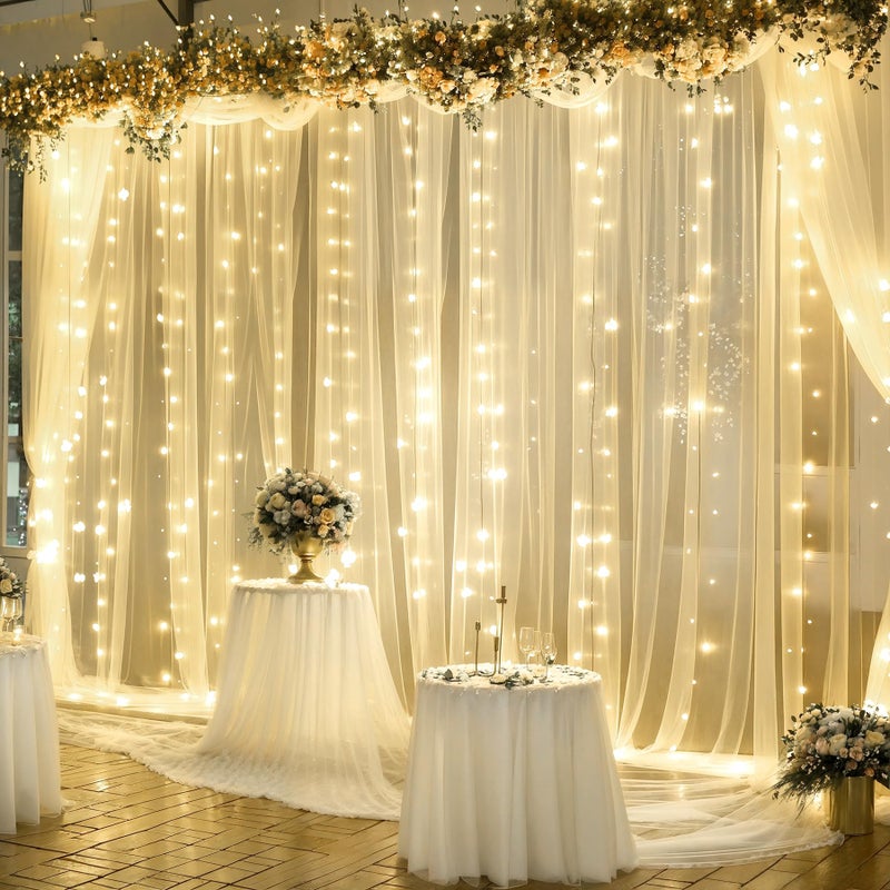 Suppromo 10ft x 10ft Champagne Tulle Backdrop Curtain with Lights String for Parties Wedding Bridal Shower Sheer Champagne Curtain Backdrop for Birthday Party Baby Shower Photo Booth Decorations - Image 3