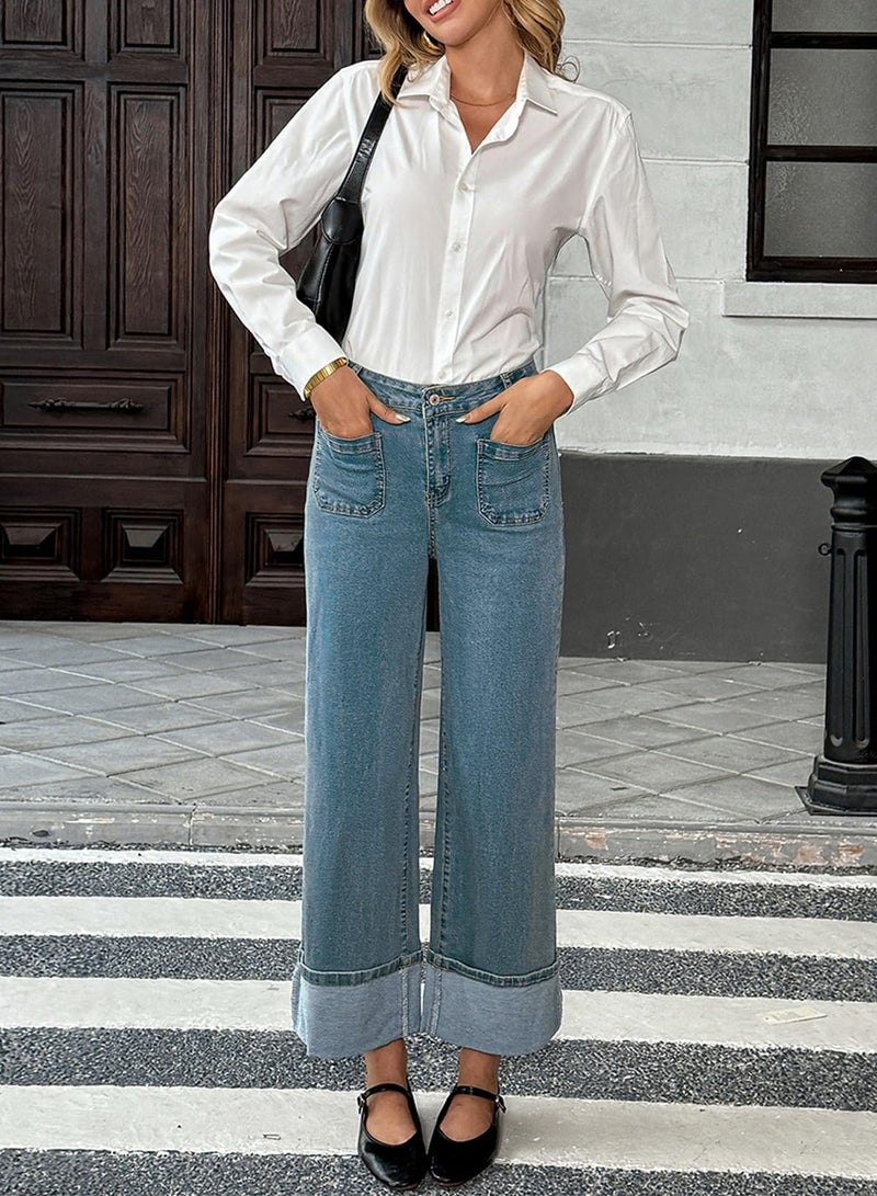 EVALESS Womens Jeans High Waisted Stretchy Cuffed Wide Leg Denim Pants with Pockets Navy Blue Size 10 - Image 4