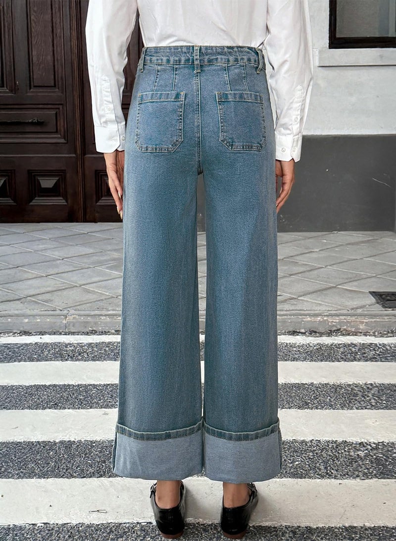 EVALESS Womens Jeans High Waisted Stretchy Cuffed Wide Leg Denim Pants with Pockets Navy Blue Size 10 - Image 2