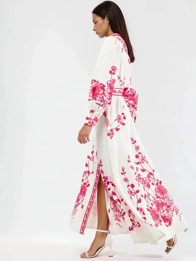 جينيفر Floral Long Sleeve Belted Maxi Dress with Mandarin Collar