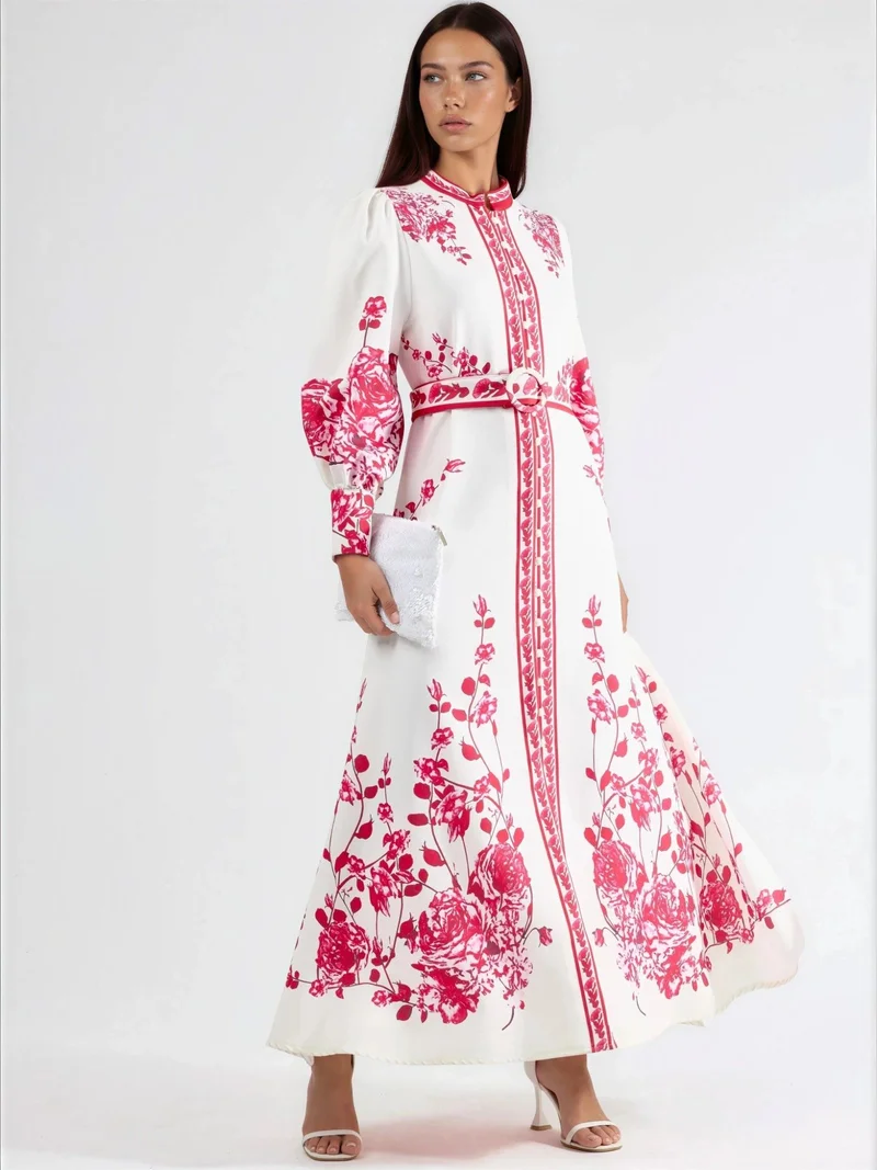 جينيفر Floral Long Sleeve Belted Maxi Dress with Mandarin Collar