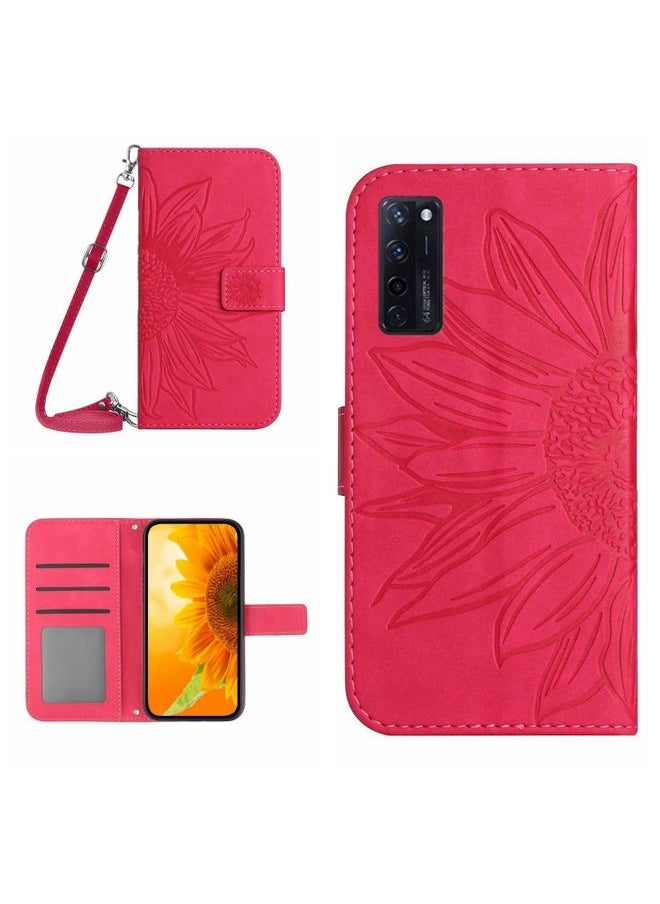 HuHa Case Cover For ZTE Axon 20 4G/20 5G Skin Feel Sun Flower Pattern Flip Leather Phone Case with Lanyard Rose Red 