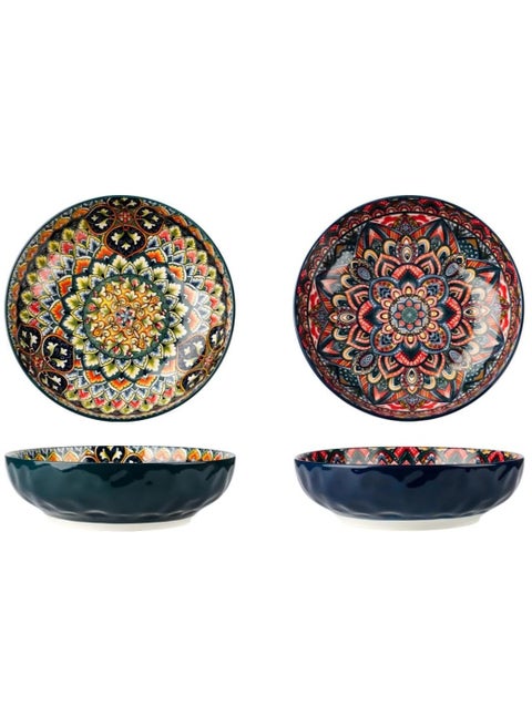 Serving Salad Bowls, 10 Inch Extra Large Salad Bowls Set of 2, Bohemian Decorative Bowls for Salad, Fruit, Pasta and Dinner, Serving Dishes Set for Party, Dishwasher & Microwave Safe (blue green)