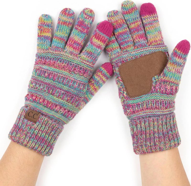 Funky Junque Womens Winter Gloves Cute Fleece Lined Knit Gloves for Women Teen Girls Warm Touchscreen Mittens for Cold Weather Cozy Accessories 4 Tone Mix Yellow Hot Pink Turquoise Pink - Image 2