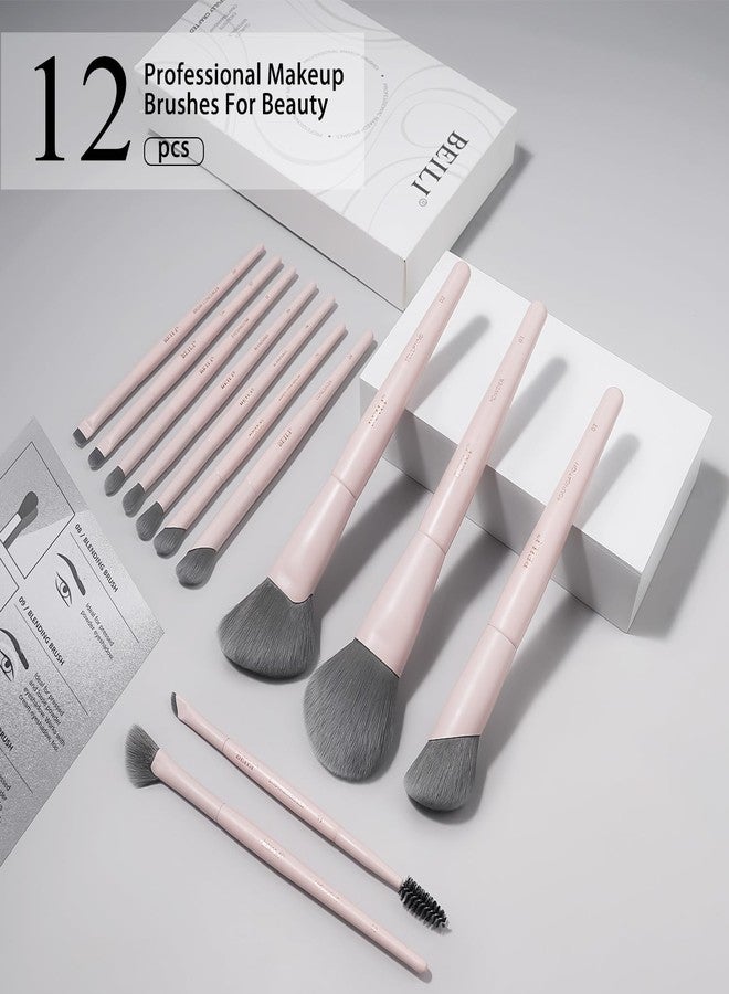BEILI Makeup Brush Set, Pink Makeup Brush Set, 12 Vegan Makeup Brushes for Powder Foundation, Concealer, Eyebrows, Eyeshadow, Contour, Eyeliner, Blender Eye Brush - Image 2