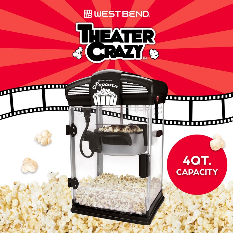 West Bend Stir Crazy Movie Theater Popcorn Popper, Gourmet Popcorn Maker Machine with Nonstick Popcorn Kettle, Measuring Tool and Popcorn Scoop for Popcorn Machine, 4 Qt., Black - Image 4