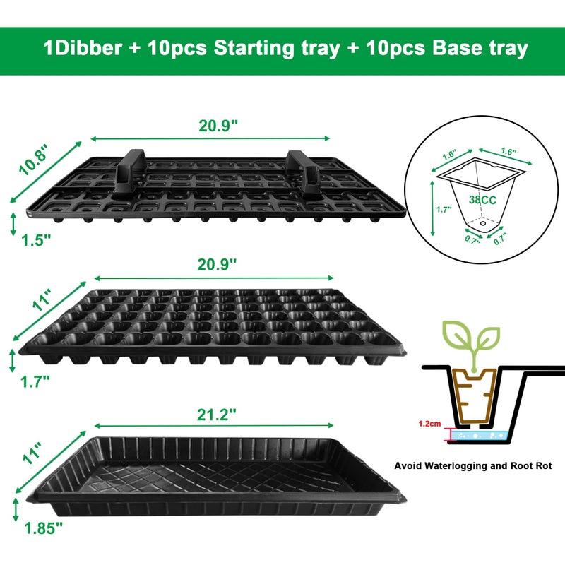 Oscorna (20Pack) 72-Cell Seed Starter Trays with Dibber, 10 Pack Nursery Starting with Base Tray, 72 Hole Soil Digger for Setting Out Quickly, Seedling Planting Tray, Germination Kit Trays Reusable - Image 2