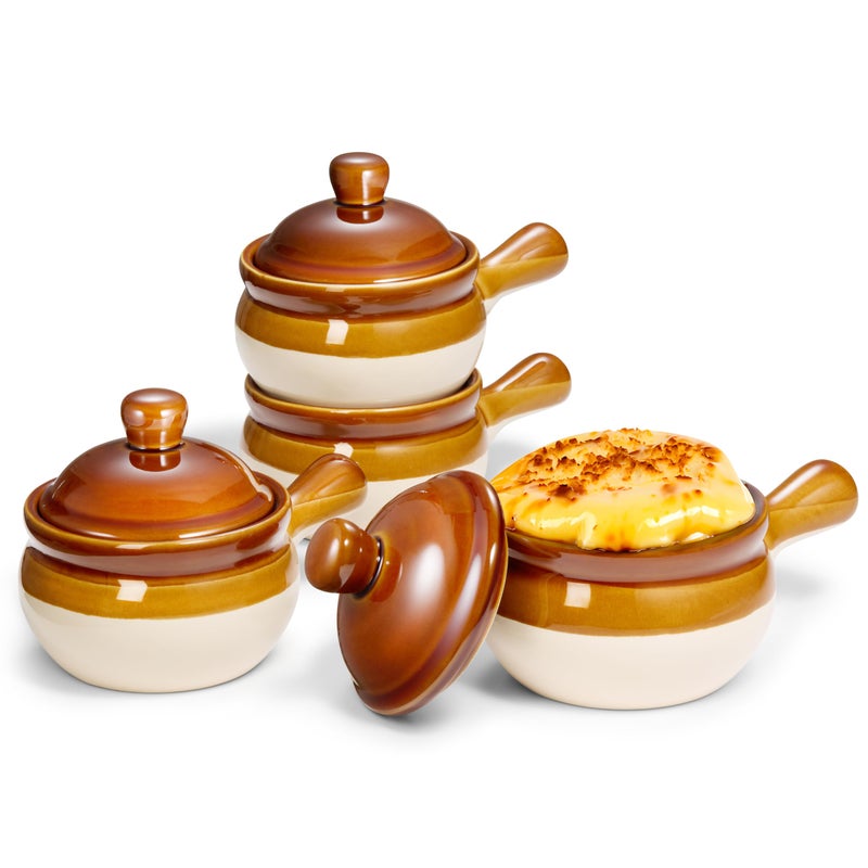 أوعية حساء البصل الفرنسي مع أغطية من كوك، أوعية سيراميك بمقابض كبيرة، آمنة في غسالة الصحون والميكروويف والفرن، مجموعة من 4، سعة 15 أونصة، مجموعة بويبلا