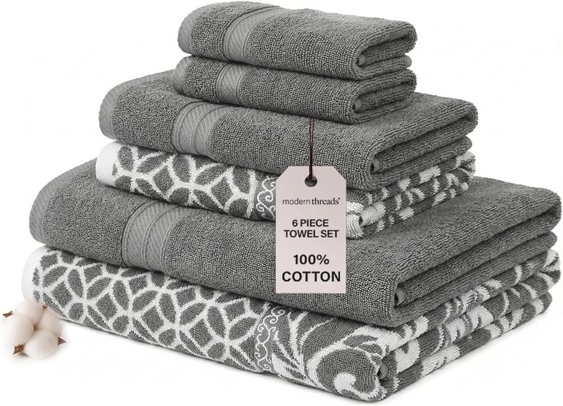 Modern Threads Trefoil Filigree 6-Piece 100% Cotton Towel Set – Reversible Yarn Dyed Jacquard – Includes 2 Bath Towels, 2 Hand Towels, 2 Washcloths – Absorbent, Quick Dry, Soft & Durable – Dark Gray - Image 1