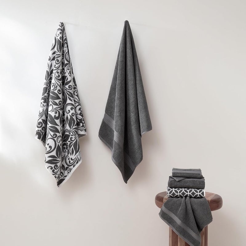 Modern Threads Trefoil Filigree 6-Piece 100% Cotton Towel Set – Reversible Yarn Dyed Jacquard – Includes 2 Bath Towels, 2 Hand Towels, 2 Washcloths – Absorbent, Quick Dry, Soft & Durable – Dark Gray - Image 4