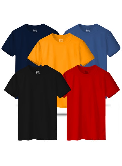 مجموعة من 5 تيشيرتات كلاسيكية - أسود، أحمر، أصفر، أزرق داكن، نيلي فاتح