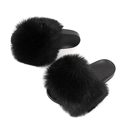 FUNKYMONKEY Women's Slides Faux Fur Cute Slip On Fuzzy Slippers Comfort Flat Sandals (7 M US, New Black) - Image 5