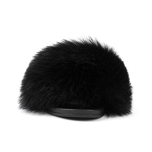 FUNKYMONKEY Women's Slides Faux Fur Cute Slip On Fuzzy Slippers Comfort Flat Sandals (7 M US, New Black) - Image 3