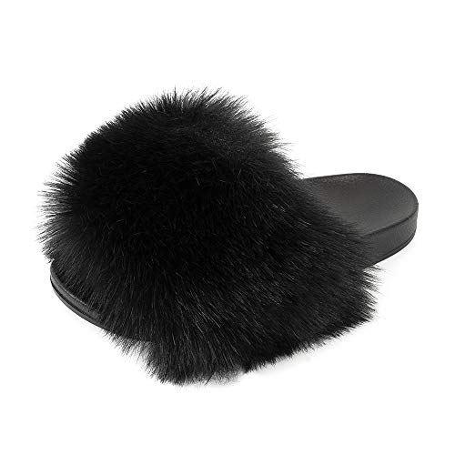FUNKYMONKEY Women's Slides Faux Fur Cute Slip On Fuzzy Slippers Comfort Flat Sandals (7 M US, New Black) - Image 2