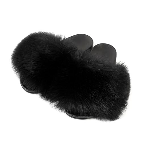 FUNKYMONKEY Women's Slides Faux Fur Cute Slip On Fuzzy Slippers Comfort Flat Sandals (7 M US, New Black) - Image 1