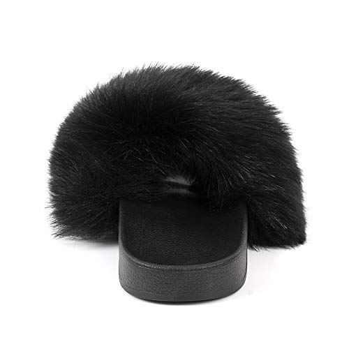 FUNKYMONKEY Women's Slides Faux Fur Cute Slip On Fuzzy Slippers Comfort Flat Sandals (7 M US, New Black) - Image 4