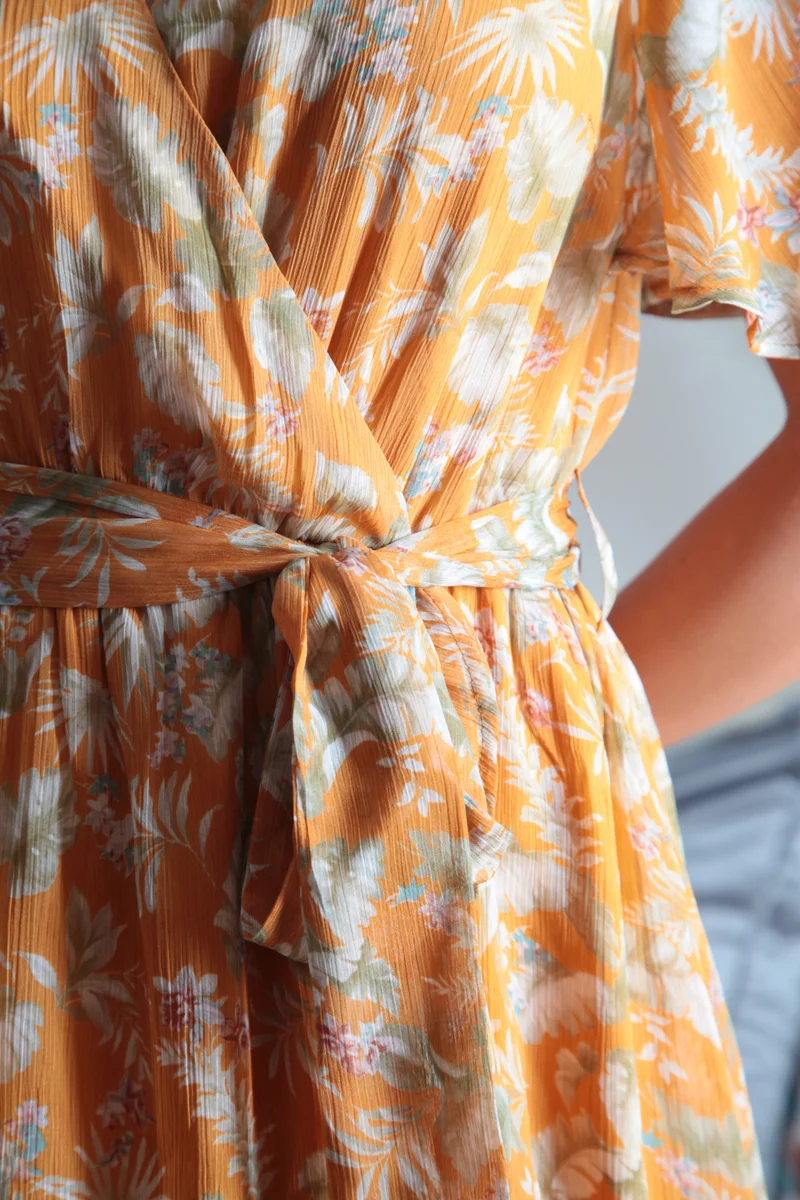 Double Second orange floral Printed Wrap Dress with Frill Front for Women | Best Price UAE