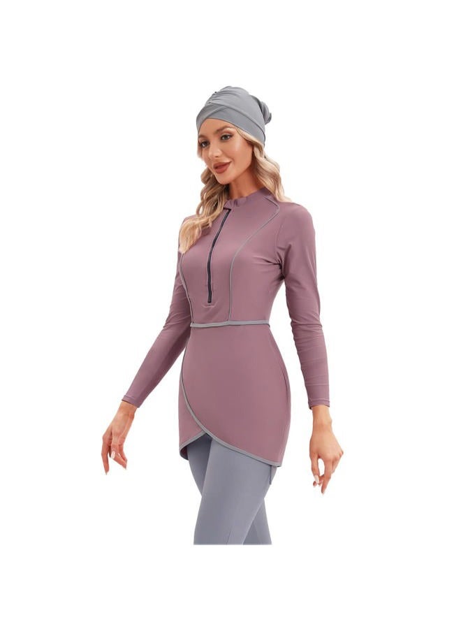 YONGSEN 2024 Women Modest Muslim Swimwear Patchwork Hijab Sport Long Sleeves Swimsuit 3pcs Islamic Burkinis Wear Bathing Suit (Purple, XX-Large) - Image 3