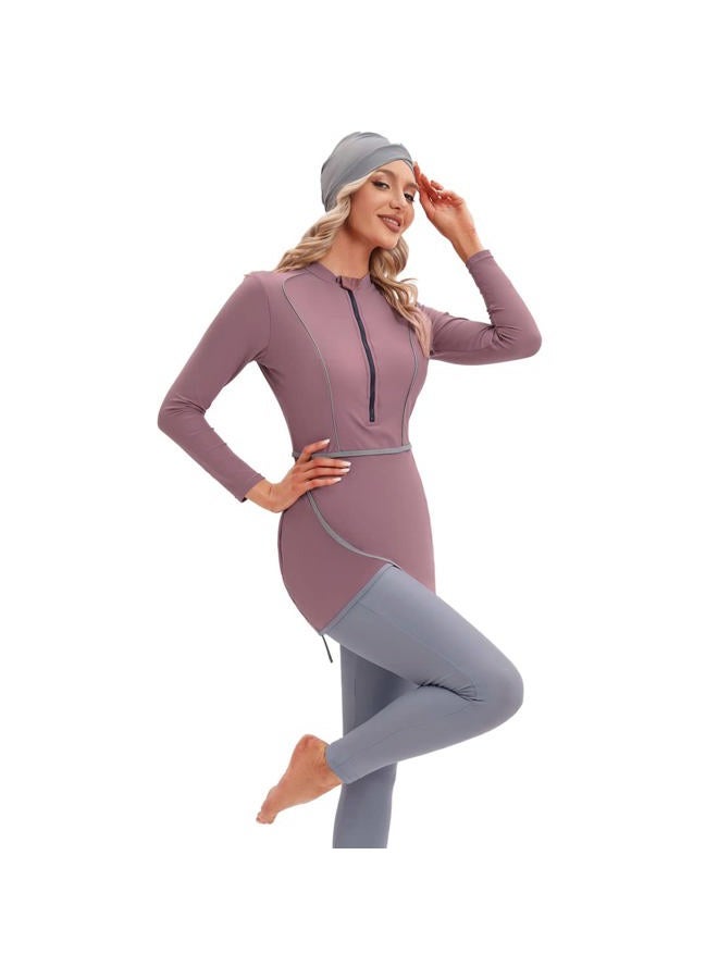 YONGSEN 2024 Women Modest Muslim Swimwear Patchwork Hijab Sport Long Sleeves Swimsuit 3pcs Islamic Burkinis Wear Bathing Suit (Purple, XX-Large) - Image 4