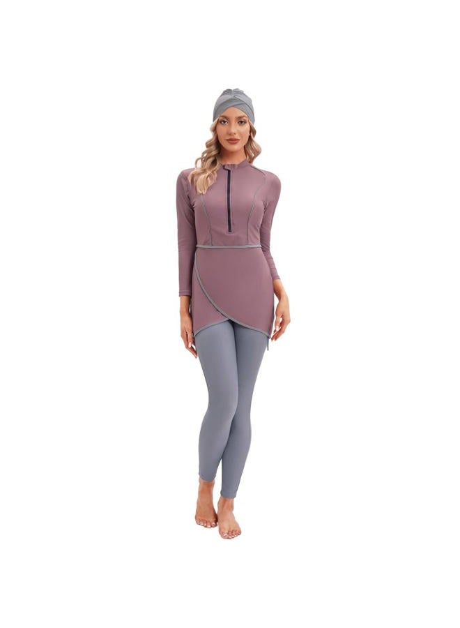 YONGSEN 2024 Women Modest Muslim Swimwear Patchwork Hijab Sport Long Sleeves Swimsuit 3pcs Islamic Burkinis Wear Bathing Suit (Purple, XX-Large) - Image 2