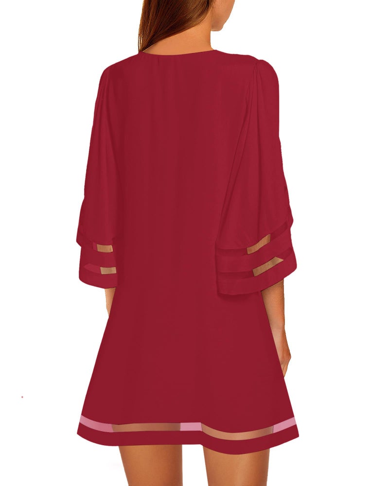 LookbookStore Women Summer Dress Casual Crewneck Mesh Panel 3/4 Bell Sleeve Loose Tunic Dress Savvy Red Size Medium Size 8 10 - Image 2
