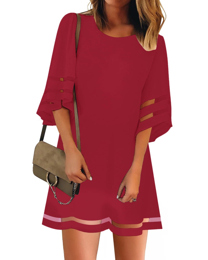 LookbookStore Women Summer Dress Casual Crewneck Mesh Panel 3/4 Bell Sleeve Loose Tunic Dress Savvy Red Size Medium Size 8 10 - Image 1