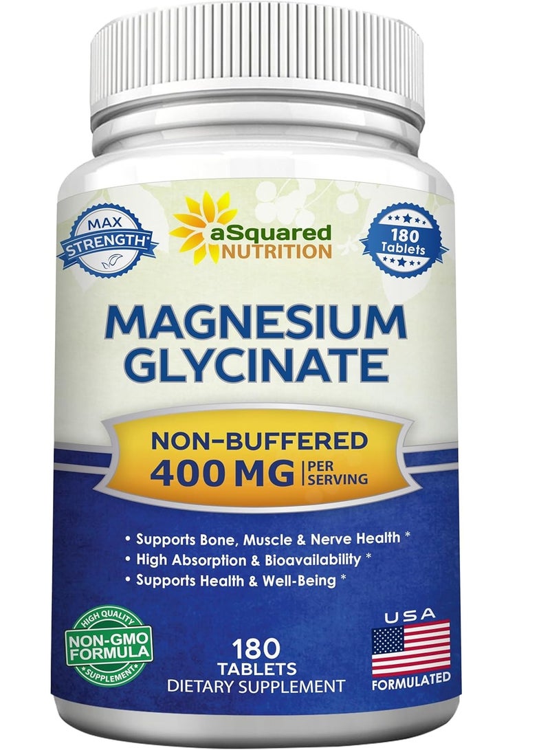 aSquared Nutrition Magnesium Glycinate Supports Muscles, Bones & Heart 400mg 180 Tablets 90 Days supply - Image 1