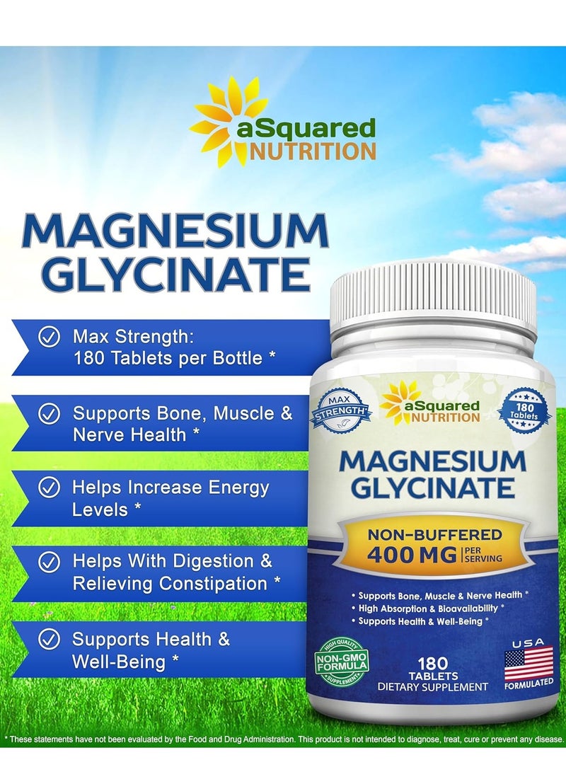 aSquared Nutrition Magnesium Glycinate Supports Muscles, Bones & Heart 400mg 180 Tablets 90 Days supply - Image 2