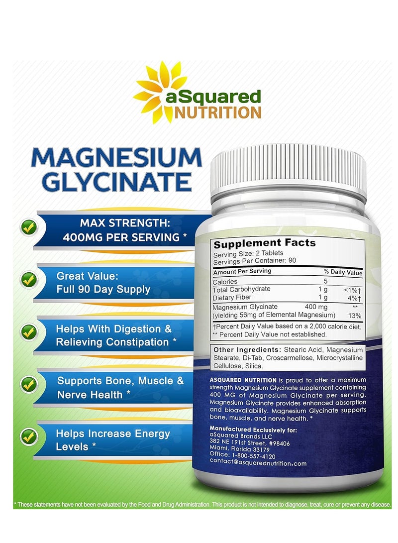 aSquared Nutrition Magnesium Glycinate Supports Muscles, Bones & Heart 400mg 180 Tablets 90 Days supply - Image 4