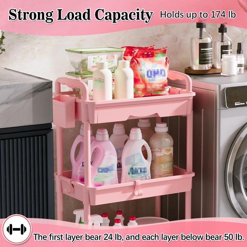 SUNALLY 3 Tier Rolling Cart with Drawer, Bathroom Storage Organizer with 2 Lockable Wheels, Multifunctional Rolling Storage Cart for Bathroom, Kitchen, Office, Craft, Makeup, Baby Essentials, Pink - Image 5