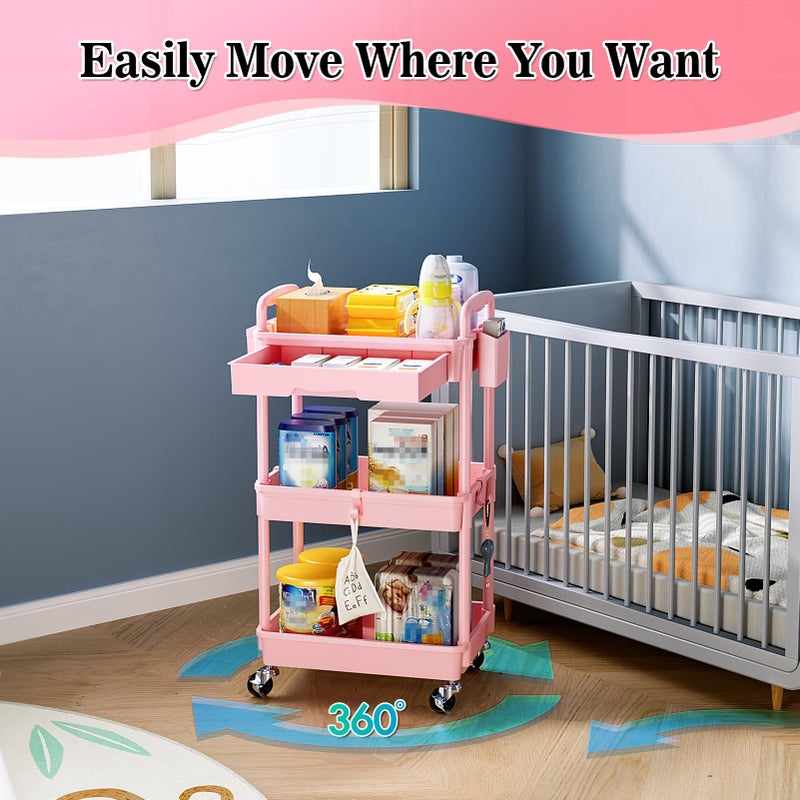 SUNALLY 3 Tier Rolling Cart with Drawer, Bathroom Storage Organizer with 2 Lockable Wheels, Multifunctional Rolling Storage Cart for Bathroom, Kitchen, Office, Craft, Makeup, Baby Essentials, Pink - Image 4