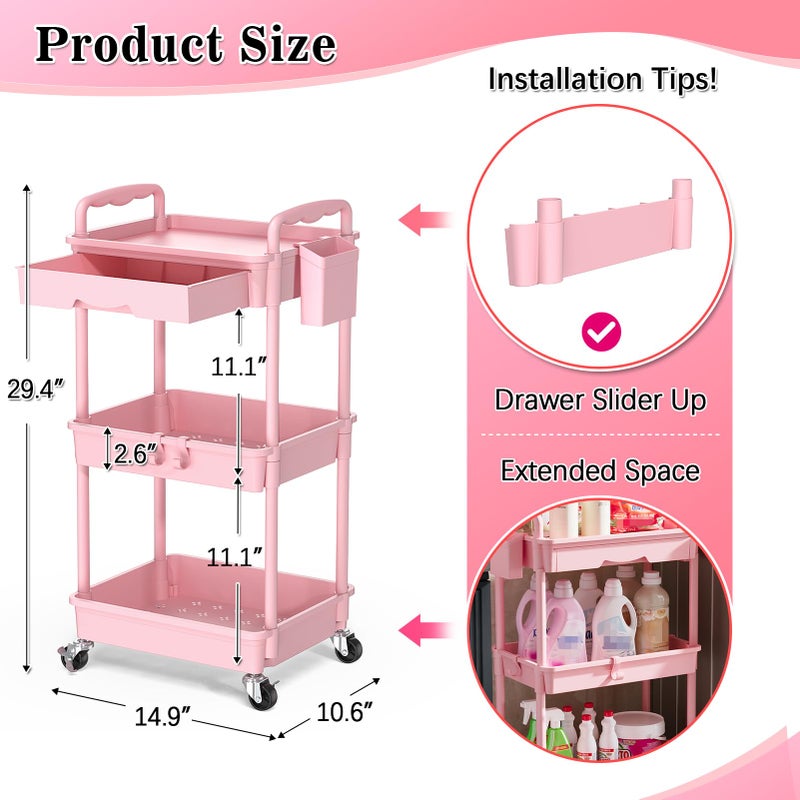 SUNALLY 3 Tier Rolling Cart with Drawer, Bathroom Storage Organizer with 2 Lockable Wheels, Multifunctional Rolling Storage Cart for Bathroom, Kitchen, Office, Craft, Makeup, Baby Essentials, Pink - Image 2
