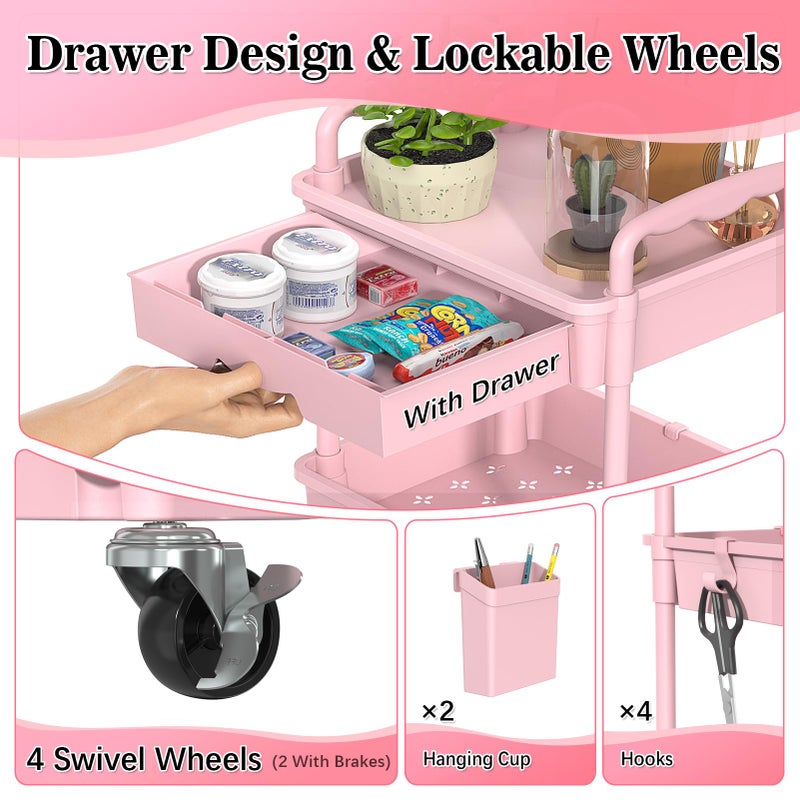 SUNALLY 3 Tier Rolling Cart with Drawer, Bathroom Storage Organizer with 2 Lockable Wheels, Multifunctional Rolling Storage Cart for Bathroom, Kitchen, Office, Craft, Makeup, Baby Essentials, Pink - Image 3
