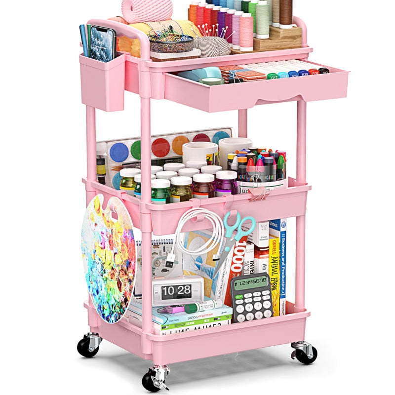 SUNALLY 3 Tier Rolling Cart with Drawer, Bathroom Storage Organizer with 2 Lockable Wheels, Multifunctional Rolling Storage Cart for Bathroom, Kitchen, Office, Craft, Makeup, Baby Essentials, Pink - Image 1