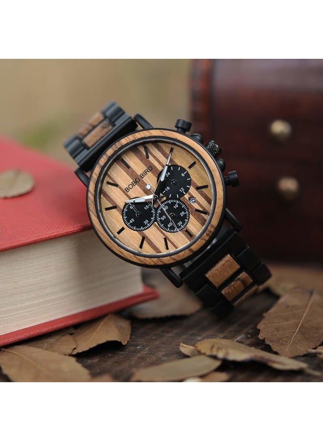 BOBO BIRD Wooden Mens Watches Large Size Stylish Wood & Stainless Steel Combined Chronograph Military Quartz Watch (Balck Wood Band) - Image 5