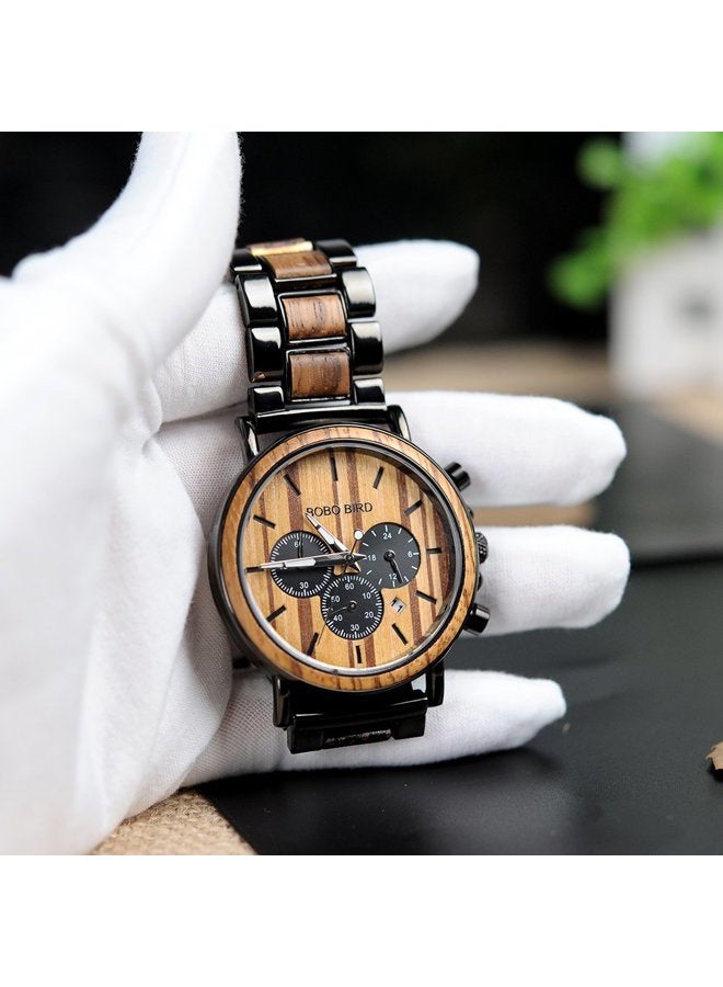 BOBO BIRD Wooden Mens Watches Large Size Stylish Wood & Stainless Steel Combined Chronograph Military Quartz Watch (Balck Wood Band) - Image 2