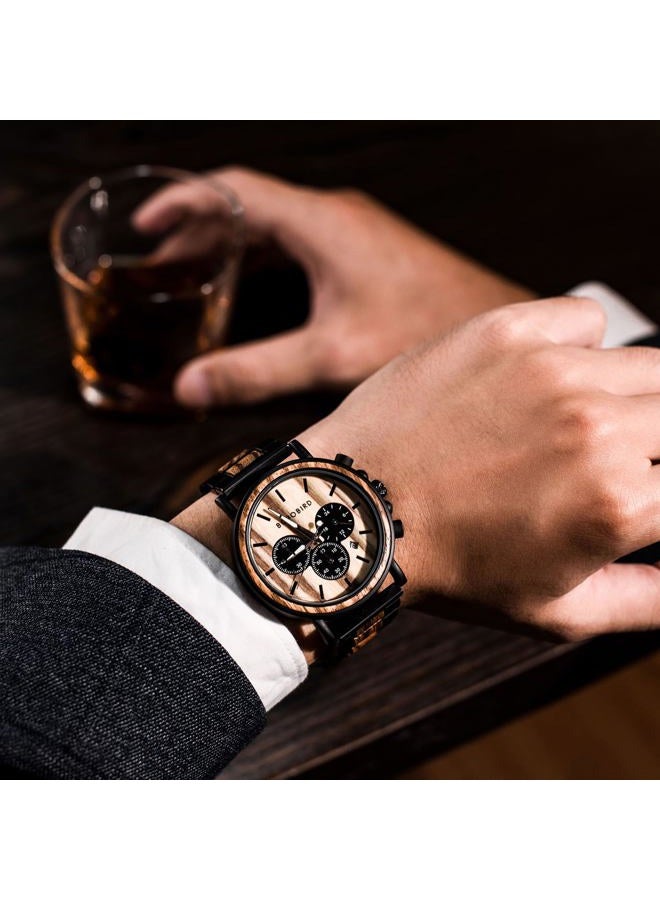 BOBO BIRD Wooden Mens Watches Large Size Stylish Wood & Stainless Steel Combined Chronograph Military Quartz Watch (Balck Wood Band) - Image 3