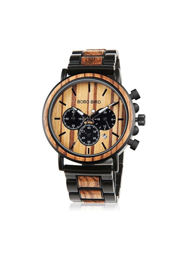 BOBO BIRD Wooden Mens Watches Large Size Stylish Wood & Stainless Steel Combined Chronograph Military Quartz Watch (Balck Wood Band) - Image 1