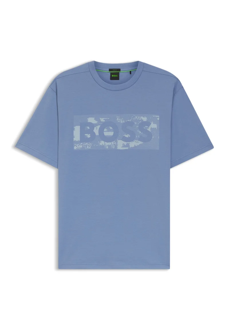 BOSS Light Blue Stretch-cotton T-shirt with logo artwork for Men | Best Price UAE