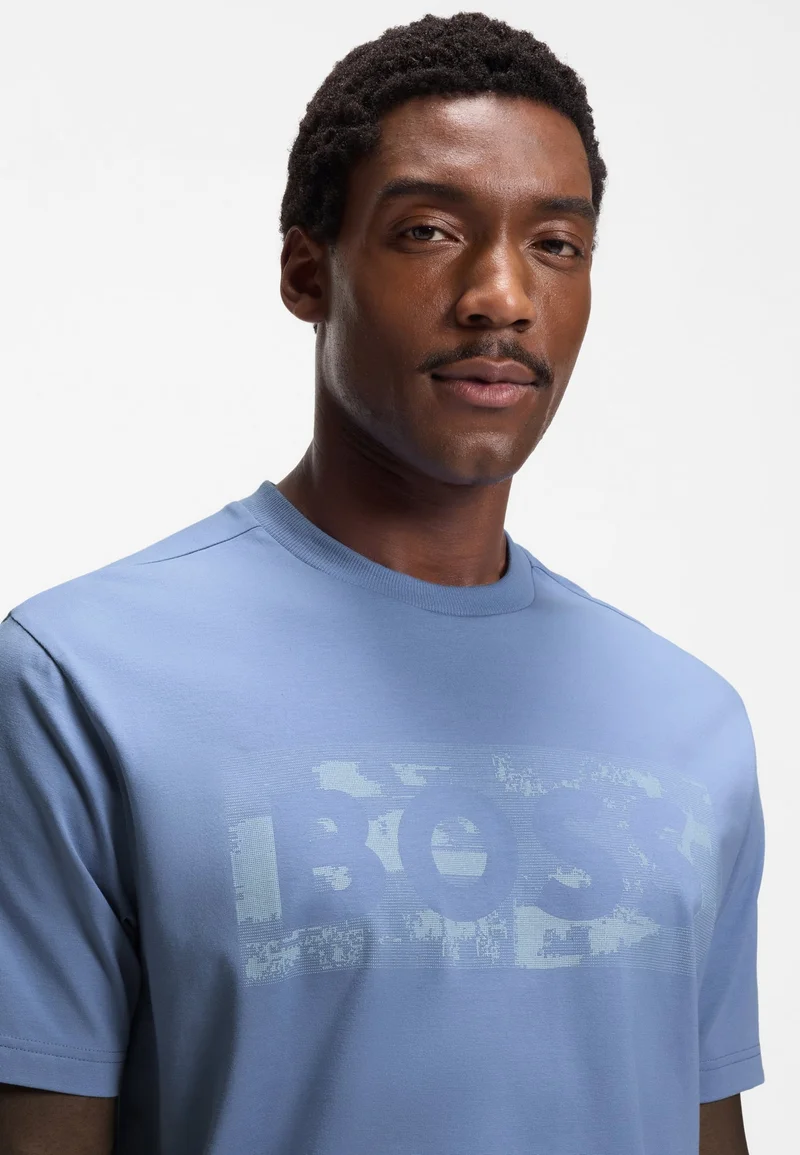 BOSS Light Blue Stretch-cotton T-shirt with logo artwork for Men | Best Price UAE