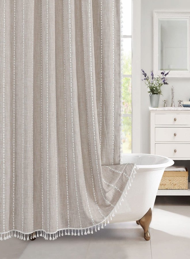 MitoVilla Boho Farmhouse Fabric Shower Curtain, Tan Brown Modern Polyester Linen Shower Curtains for Vintage Rustic Bathroom Decor, Country Tassel Thick Cloth Shower Curtain, Taupe, 72 x 72 - Image 1