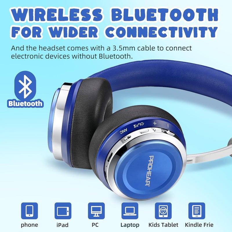 PROHEAR 010 Pro Kids Bluetooth Headphones, Wireless Active Noise Cancelling, 80H Playtime, Safe Volume 85dB, Hi-Fi Audio, Over-Ear, Built-in Mic for iPad/Tablet/Airplane - Blue - Image 4