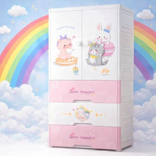 SNKR ESSENTIALS Kids Plastic Wardrobe with Drawers | Baby Cupboard for Clothes Storage | Cartoon Bear Design Children Almirah | Multi-Layer Kids Storage Cabinet for Bedroom & Nursery - Image 1