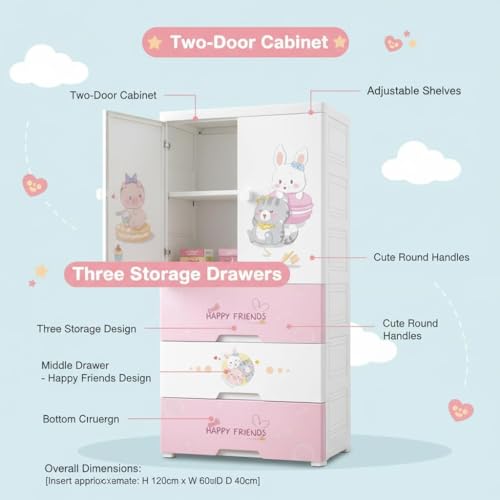 SNKR ESSENTIALS Kids Plastic Wardrobe with Drawers | Baby Cupboard for Clothes Storage | Cartoon Bear Design Children Almirah | Multi-Layer Kids Storage Cabinet for Bedroom & Nursery - Image 3