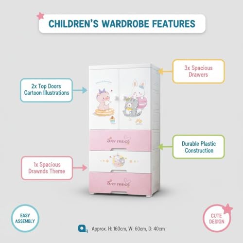 SNKR ESSENTIALS Kids Plastic Wardrobe with Drawers | Baby Cupboard for Clothes Storage | Cartoon Bear Design Children Almirah | Multi-Layer Kids Storage Cabinet for Bedroom & Nursery - Image 5
