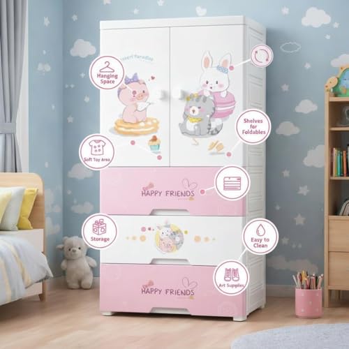 SNKR ESSENTIALS Kids Plastic Wardrobe with Drawers | Baby Cupboard for Clothes Storage | Cartoon Bear Design Children Almirah | Multi-Layer Kids Storage Cabinet for Bedroom & Nursery - Image 4