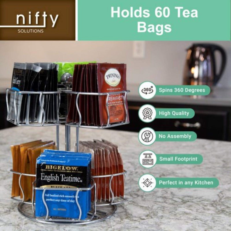 Nifty Solutions Nifty Tea Bag Spinning Carousel - 6 Compartments, Up to 60 Tea Bags Storage, Spins 360-Degrees, Lazy Susan Platform, Modern Chrome Design, Home or Office Kitchen Counter Organizer - Image 4