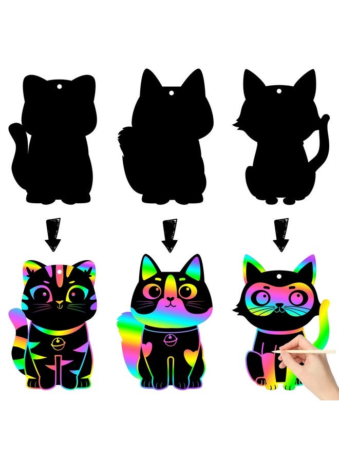 CY2SIDE 60Pcs Cat Animal Rainbow Color Scratch Bookmarks For Kids Diy Cat Rainbow Color Scratch Craft Kit Birthday Party Decors Catling Pet Magic Art Rainbow Color Craft Kit For Birthday Party Favor - Image 5