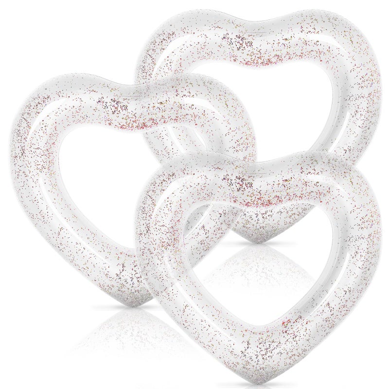 Whaline 3Pcs Inflatable Heart Pool Float with Glitter Inside White Swim Pool Rings Float Loungers Tube for Summer Pool Beach Bachelorette Party 473 x 394 Inch - Image 2